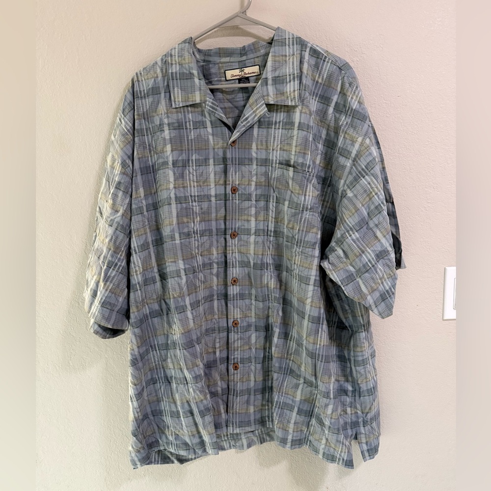 Tommy Bahama 100% Silk Plaid Camp Shirt XXL Short Sleeve